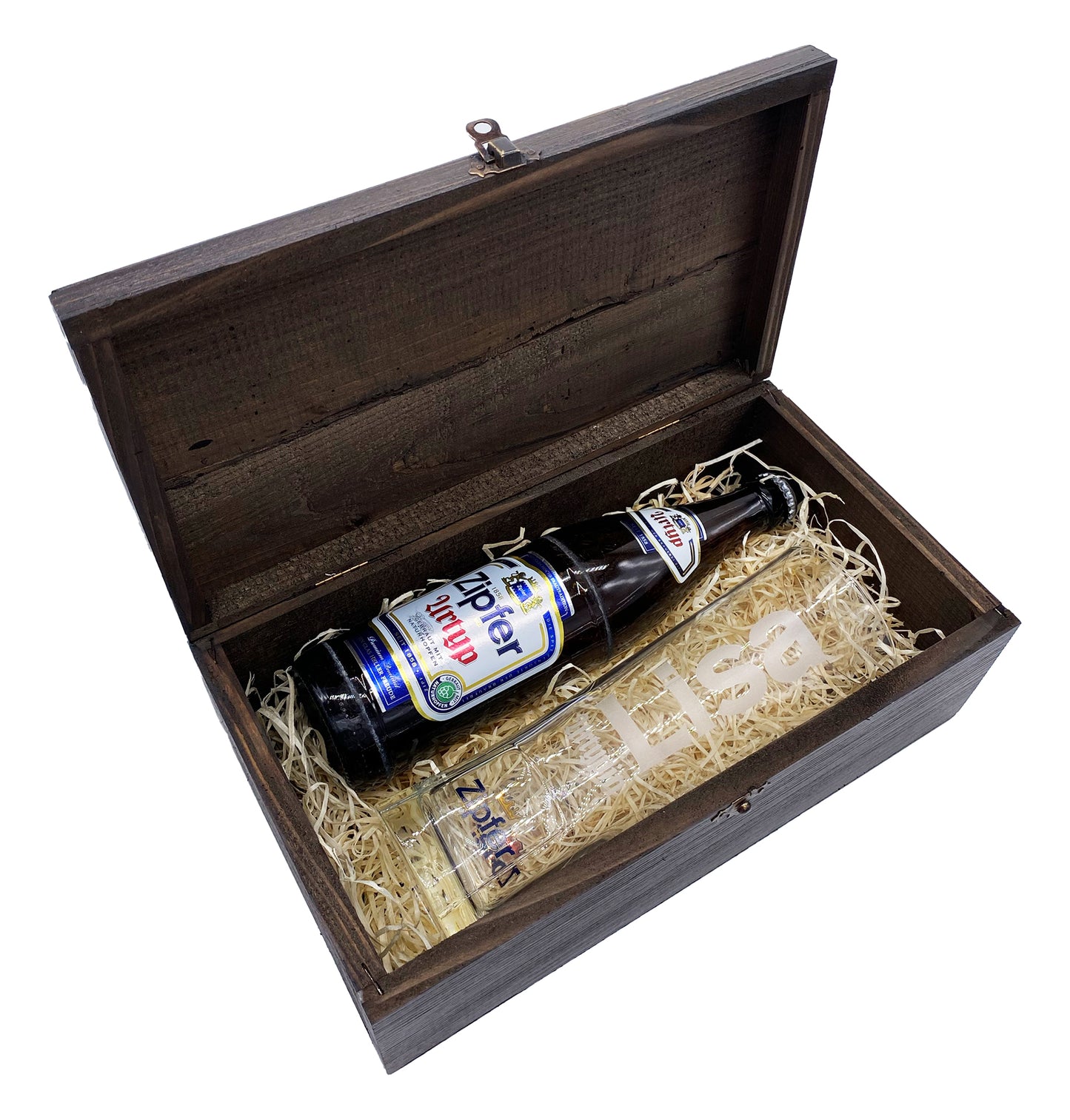 Geschenkbox mit personalisiertem Zipfer Design-Glas